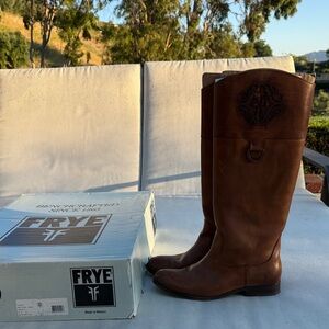 Frye Melissa Logo Saddle Brown Leather Tall Heeled Riding Boots